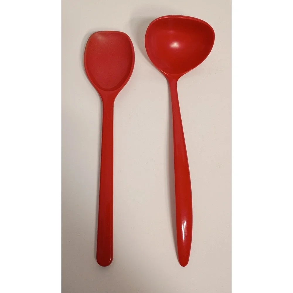 Vintage Rosti Mepal Melamine Serving Spoon Set 2 Pc Denmark MCM Retro Red 12 in